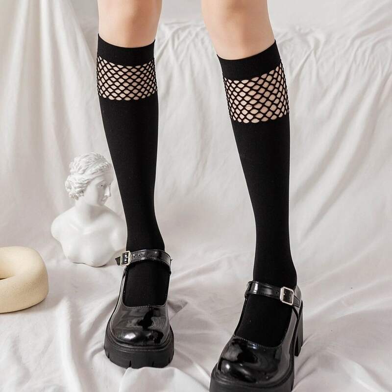 

Contrast Fishnet Over The Calf Socks, Black