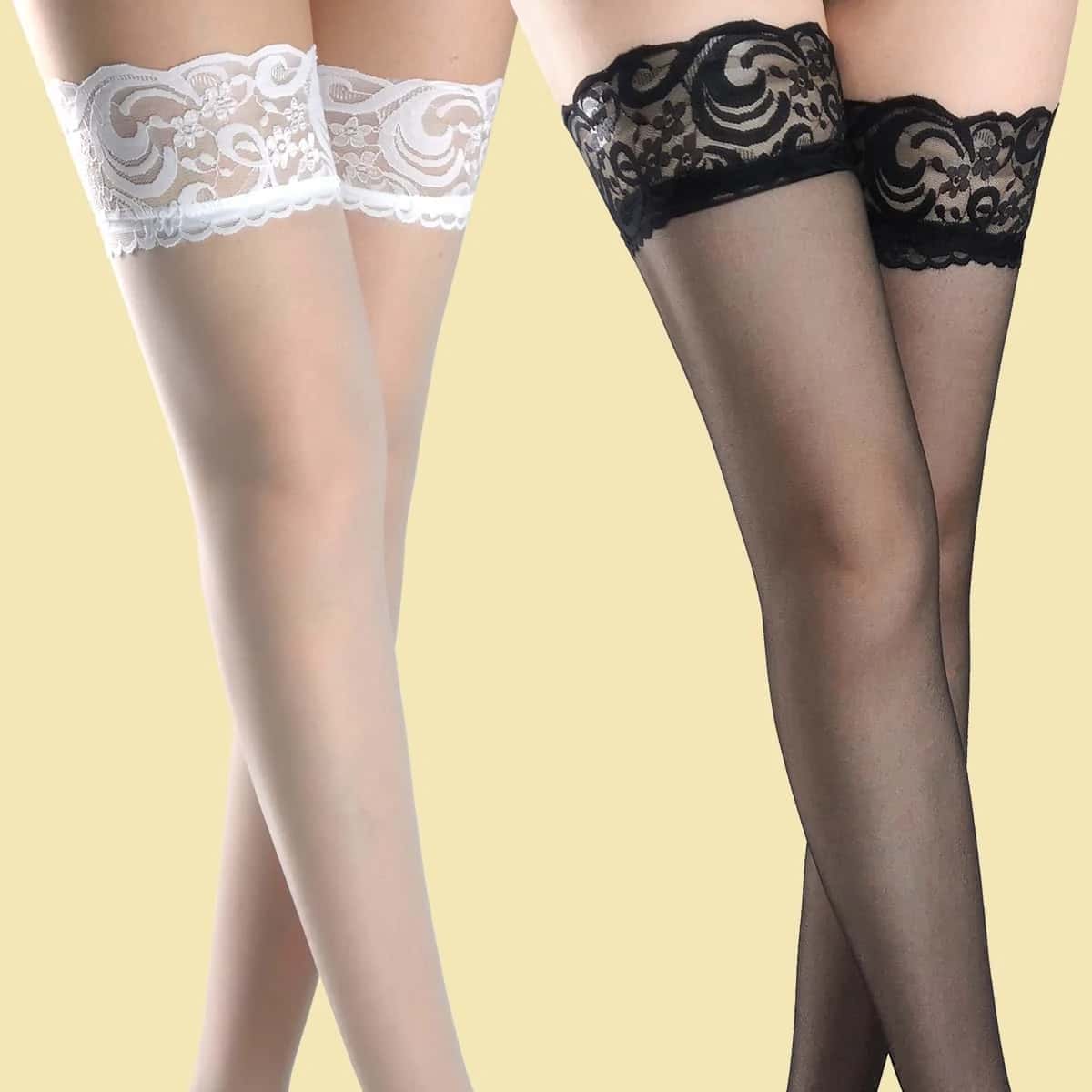 

2pairs Contrast Lace Over The Knee Socks, Multicolor