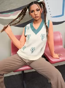 SHEIN EZwear Floral Pattern Knit Top Without Tee - Beige - View 1