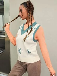 SHEIN EZwear Floral Pattern Knit Top Without Tee - Beige - View 4