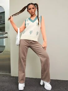 SHEIN EZwear Floral Pattern Knit Top Without Tee - Beige - View 5