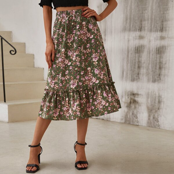 

Frill Trim High Waist Floral Skirt, Multicolor