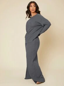 SHEIN BASICS Plus Solid Drop Shoulder Tee & Pants Set - Dark Grey - View 1