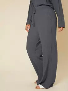 SHEIN BASICS Plus Solid Drop Shoulder Tee & Pants Set - Dark Grey - View 2