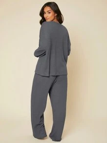 SHEIN BASICS Plus Solid Drop Shoulder Tee & Pants Set - Dark Grey - View 3