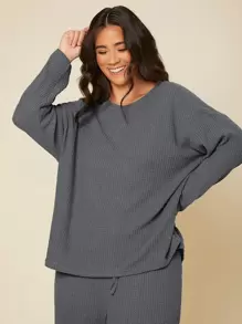 SHEIN BASICS Plus Solid Drop Shoulder Tee & Pants Set - Dark Grey - View 4