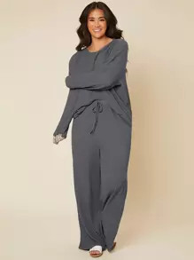 SHEIN BASICS Plus Solid Drop Shoulder Tee & Pants Set - Dark Grey - View 5