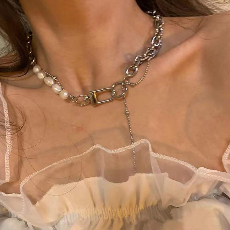 

Faux Pearl Decor Chain Necklace, Silver