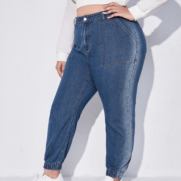 

Plus High Waist Slant Pocket Jogger Jeans, Medium wash