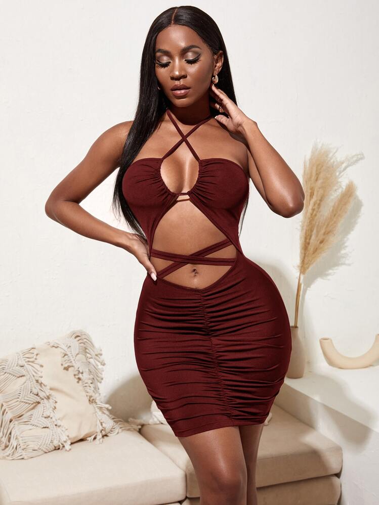 cut out criss cross dress One Shoulder Cut Out Criss Cross Drawstring Side Split Thigh Dress   isabellapparel