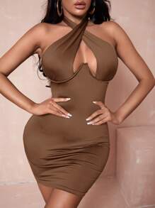 SHEIN SXY Cut Out Front Halter Neck Backless Bodycon Dress - Coffee Brown - View 1