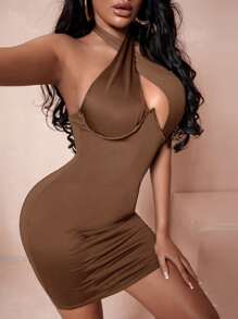 SHEIN SXY Cut Out Front Halter Neck Backless Bodycon Dress - Coffee Brown - View 3