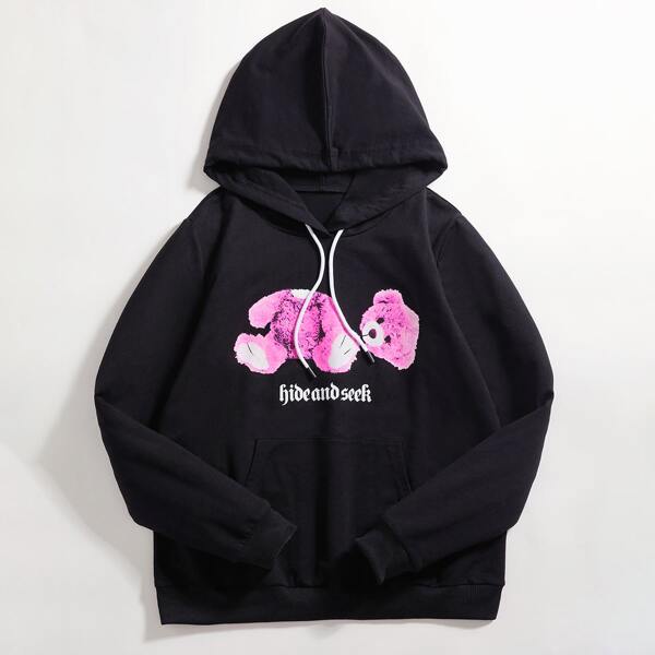 

Letter & Bear Print Kangaroo Pocket Drawstring Hoodie, Black