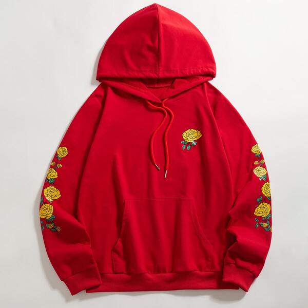 

Floral Print Kangaroo Pocket Drawstring Hoodie, Red