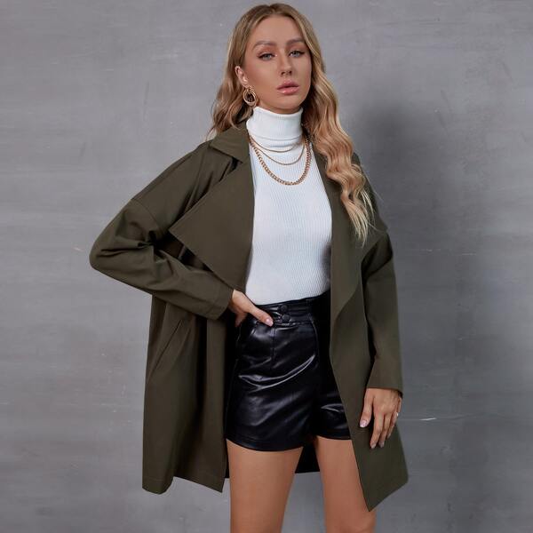 

Waterfall Collar Slant Pocket Trench Coat, Army green