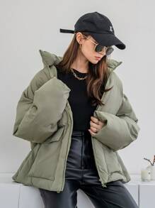 DAZY Solid Zip Up Padded Thick Pockets Coat, Ladies Winter Casual Pocket, Zipper Regular Sleeve Funnel Neck Regular Fit Green Plain Women Winter Coats, Winter Warmth/ Winter Fashion, Women Winter Coat Jacket - Army Green - View 1