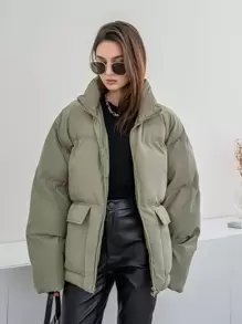 DAZY Solid Zip Up Padded Thick Pockets Coat, Ladies Winter Casual Pocket, Zipper Regular Sleeve Funnel Neck Regular Fit Green Plain Women Winter Coats, Winter Warmth/ Winter Fashion, Women Winter Coat Jacket - Army Green - View 4