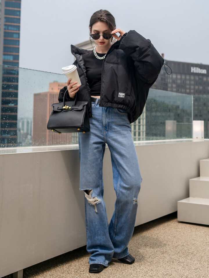 DAZY ジッパー付きフード付きパデッド厚手コート、レディース