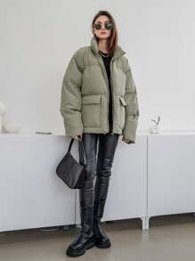 DAZY Solid Zip Up Padded Thick Pockets Coat, Ladies Winter Casual Pocket, Zipper Regular Sleeve Funnel Neck Regular Fit Green Plain Women Winter Coats, Winter Warmth/ Winter Fashion, Women Winter Coat Jacket - Army Green - View 6