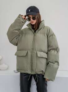 DAZY Solid Zip Up Padded Thick Pockets Coat, Ladies Winter Casual Pocket, Zipper Regular Sleeve Funnel Neck Regular Fit Green Plain Women Winter Coats, Winter Warmth/ Winter Fashion, Women Winter Coat Jacket - Army Green - View 7