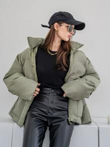 DAZY Solid Zip Up Padded Thick Pockets Coat, Ladies Winter Casual Pocket, Zipper Regular Sleeve Funnel Neck Regular Fit Green Plain Women Winter Coats, Winter Warmth/ Winter Fashion, Women Winter Coat Jacket - Army Green - View 8