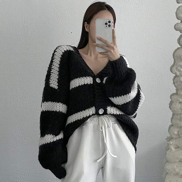 

Striped Pattern Drop Shoulder Cardigan, Black