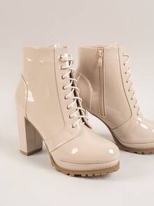 Giày bốt Nữ Thời trang Ren lên màu trơn Dây kéo bên Đúng mốt - Màu be - Xem 2