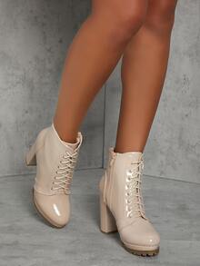 Giày bốt Nữ Thời trang Ren lên màu trơn Dây kéo bên Đúng mốt - Màu be - Xem 4