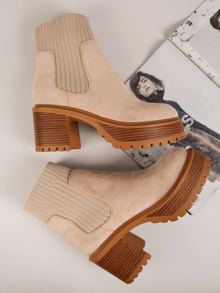 Women Shoes Round Toe Chunky Heel Platform Taupe Chelsea Boots Women Ankle Boots And Short Boots