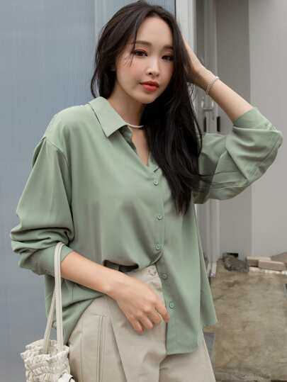 DAZY Camisa con botones y hombros caídos, blusas de manga larga, ropa de otoño