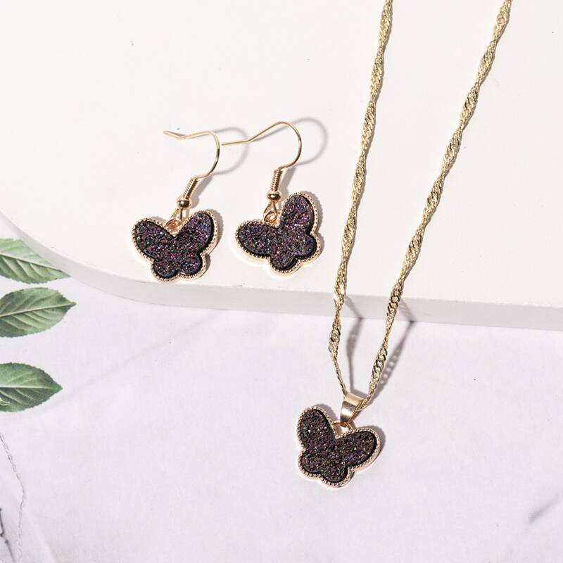 

Butterfly Decor Chain Necklace & Earrings, Purple
