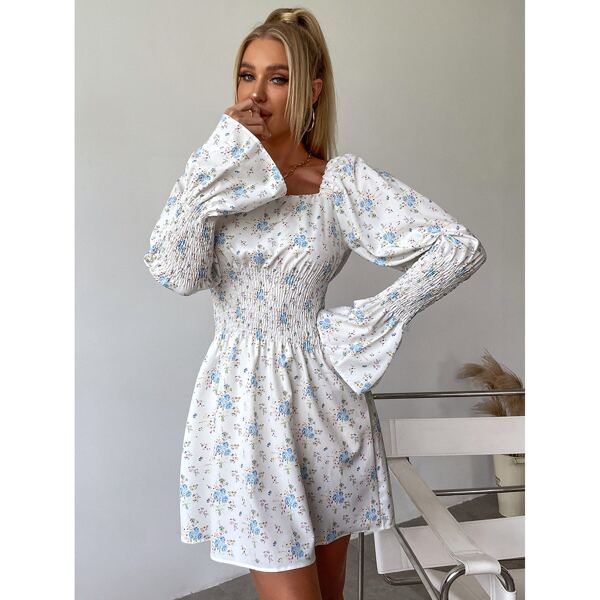 

Floral Print Shirred Waist Bell Sleeve Dress, White