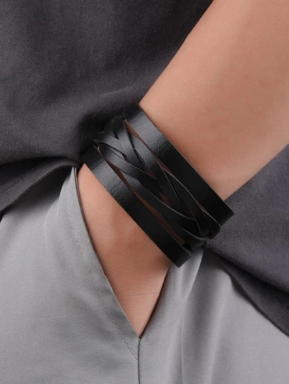 Fashionable and Popular Men Braided Wide Bracelet PU for Jewelry Gift and for a Stylish Look