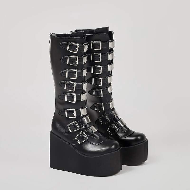 

Buckle Design Wedge Boots, Black