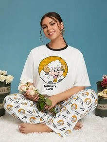 SHEIN Conjunto de pijama oveja con con estampado de letra - Multicolor - Ver 2