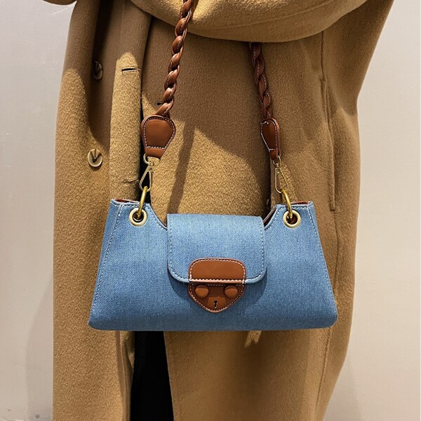 

Denim Flap Baguette Bag, Blue
