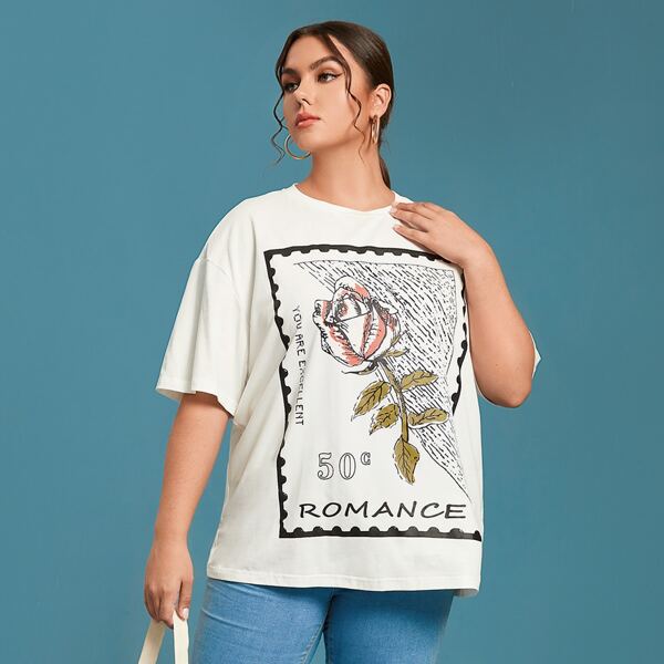 

Plus Floral and Letter Print T-shirt, White