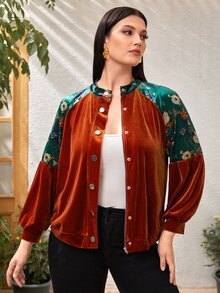 SHEIN áo khoác kích thước lớn Nút phía trước Khối Màu Hoa Giải trí - Màu Cam cháy - Xem 2