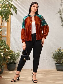 SHEIN áo khoác kích thước lớn Nút phía trước Khối Màu Hoa Giải trí - Màu Cam cháy - Xem 4