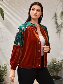 SHEIN áo khoác kích thước lớn Nút phía trước Khối Màu Hoa Giải trí - Màu Cam cháy - Xem 5