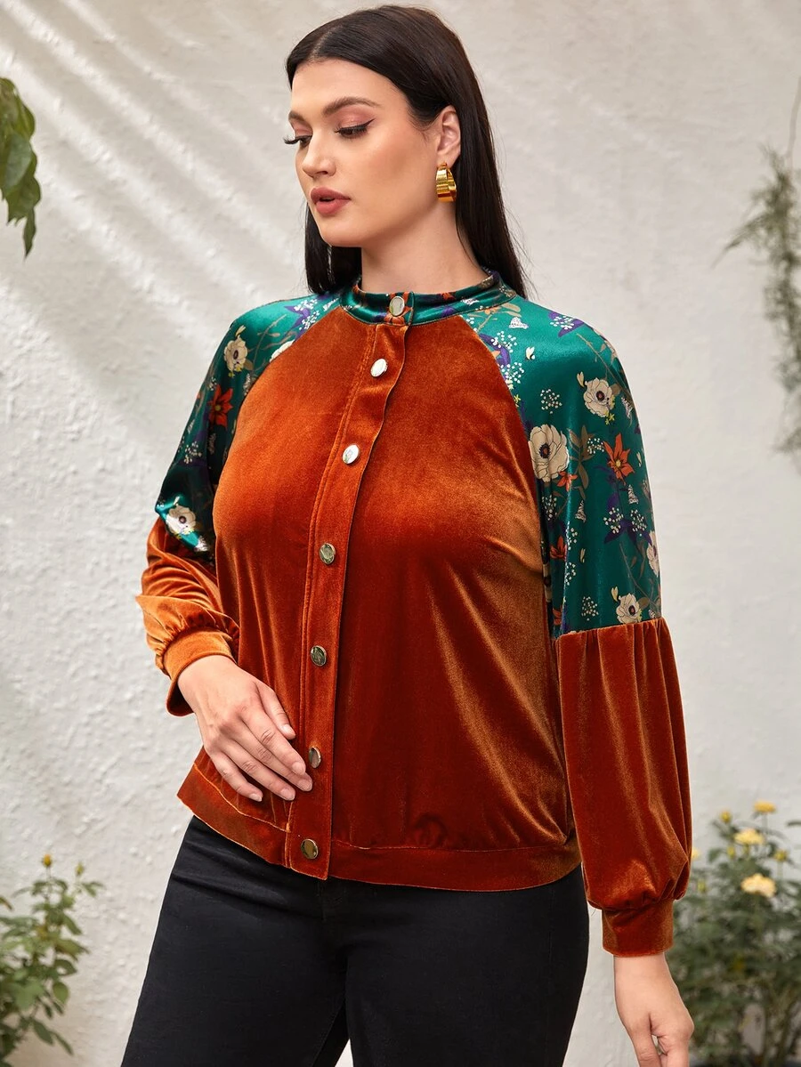 SHEIN áo khoác kích thước lớn Nút phía trước Khối Màu Hoa Giải trí - Màu Cam cháy - Xem 1