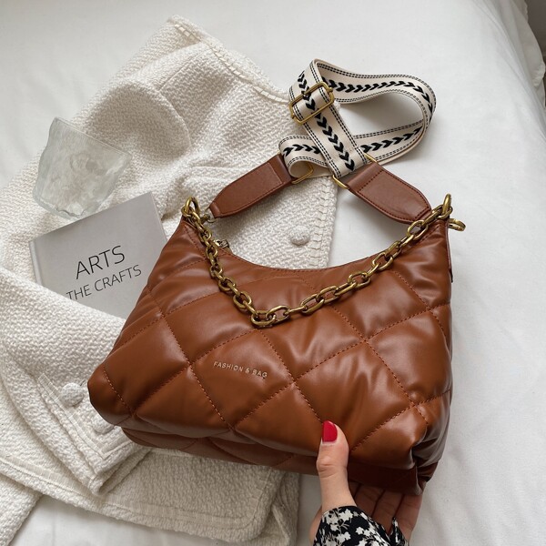 

Quilted Chain Baguette Bag, Brown