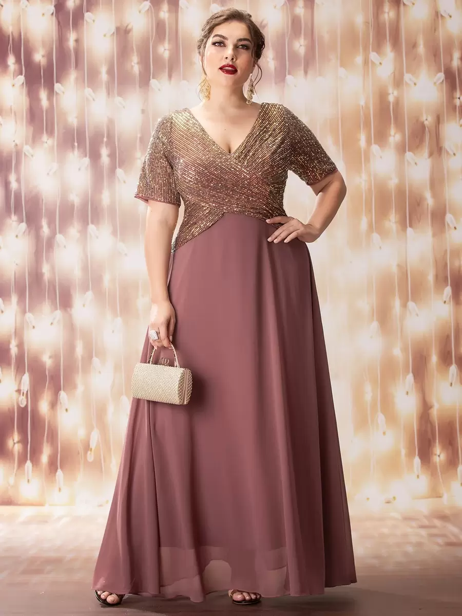 SHEIN Belle Plus Sequin Insert Plunge Neck Chiffon Prom Dress - Mauve Purple - View 1