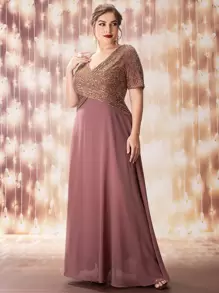 SHEIN Belle Plus Sequin Insert Plunge Neck Chiffon Prom Dress - Mauve Purple - View 3