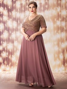 SHEIN Belle Plus Sequin Insert Plunge Neck Chiffon Prom Dress - Mauve Purple - View 4