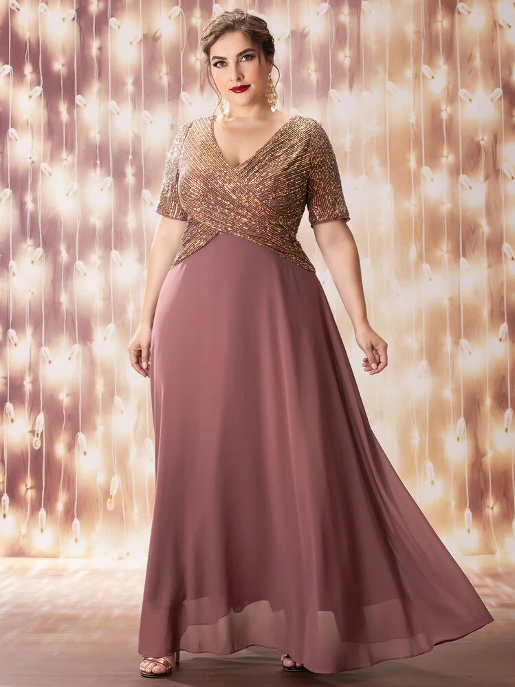 SHEIN Belle Plus Sequin Insert Plunging Neck Chiffon Prom Dress | SHEIN USA