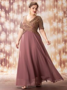 SHEIN Belle Plus Sequin Insert Plunge Neck Chiffon Prom Dress - Mauve Purple - View 6