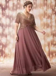 SHEIN Belle Plus Sequin Insert Plunge Neck Chiffon Prom Dress - Mauve Purple - View 7