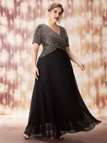 SHEIN Belle Plus Sequin Bodice Surplice Front A-Line Dress - Multicolor - View 1