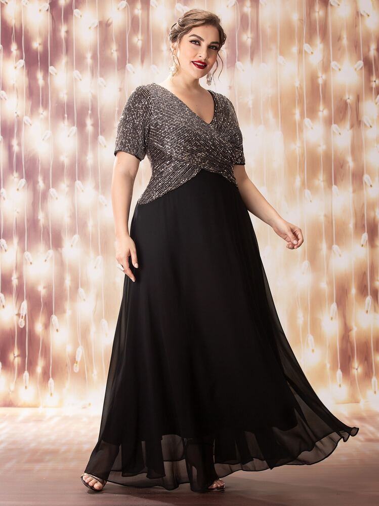 SHEIN Belle Plus Sequin Bodice Surplice Front A-Line Dress - Multicolor - View 1